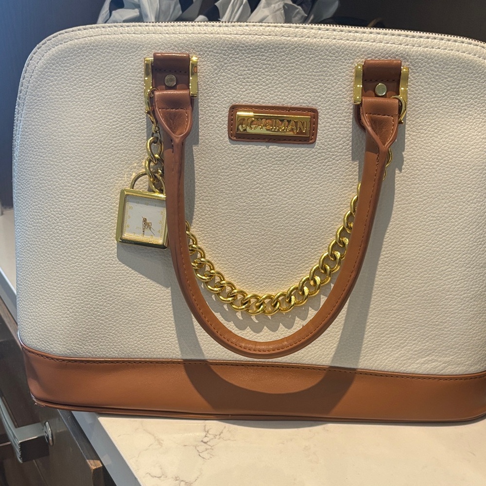 Aldo Cream and Brown Satchel with Gold Accents